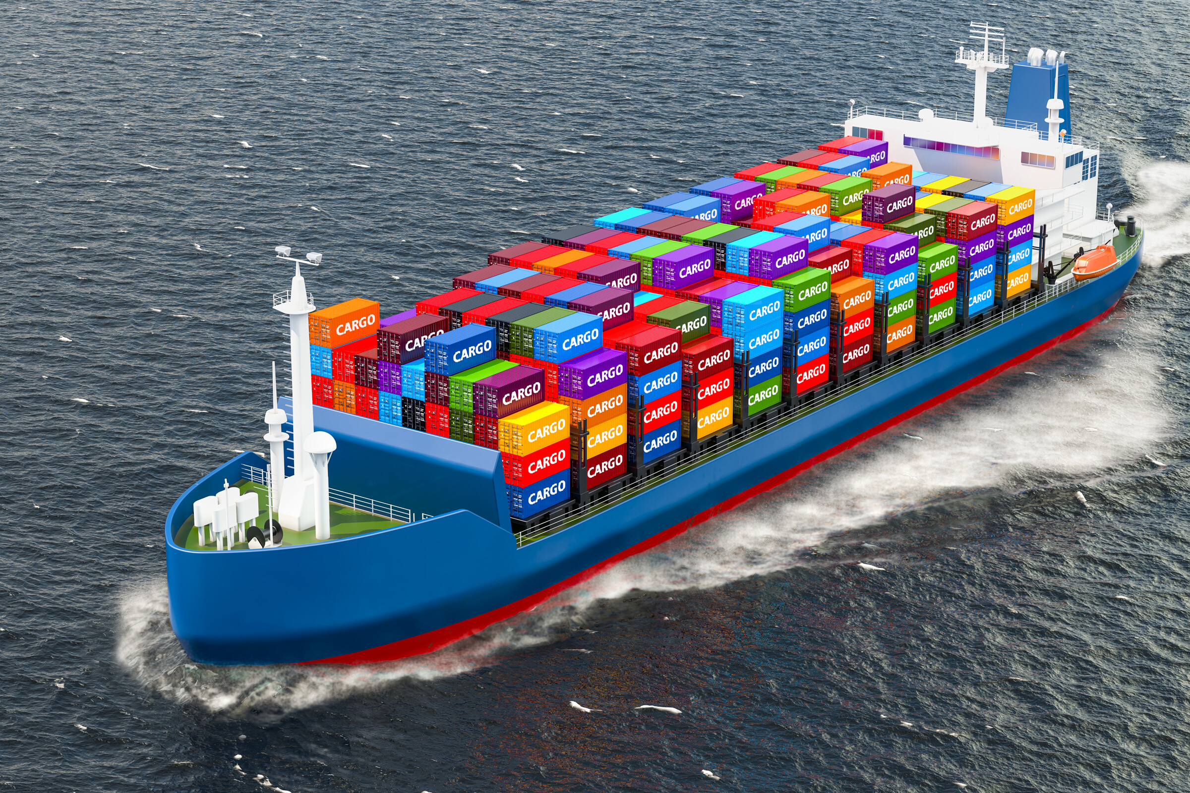 Freighter Ship with Cargo Containers Sailing in Ocean, 3D Render